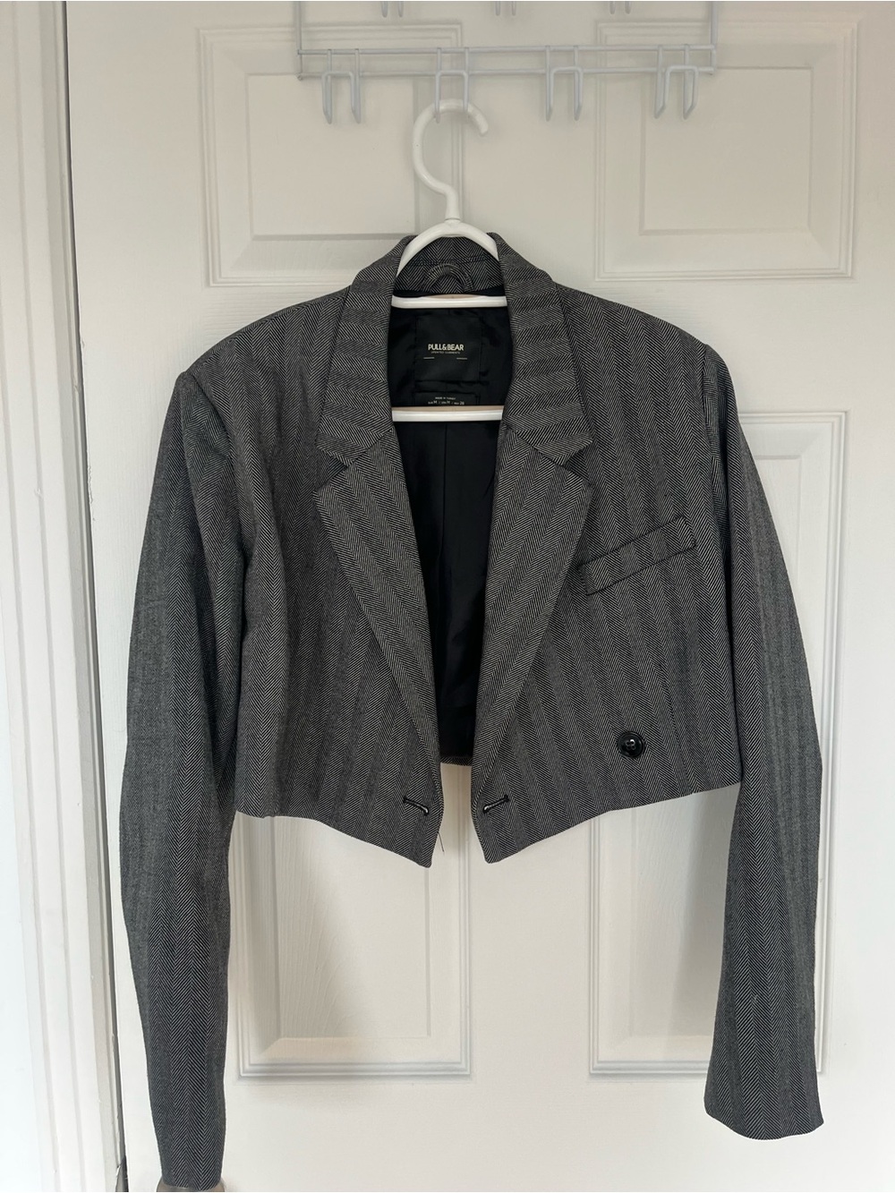 Pull&Bear Cropped Gray Pinstripe Blazer Jacket